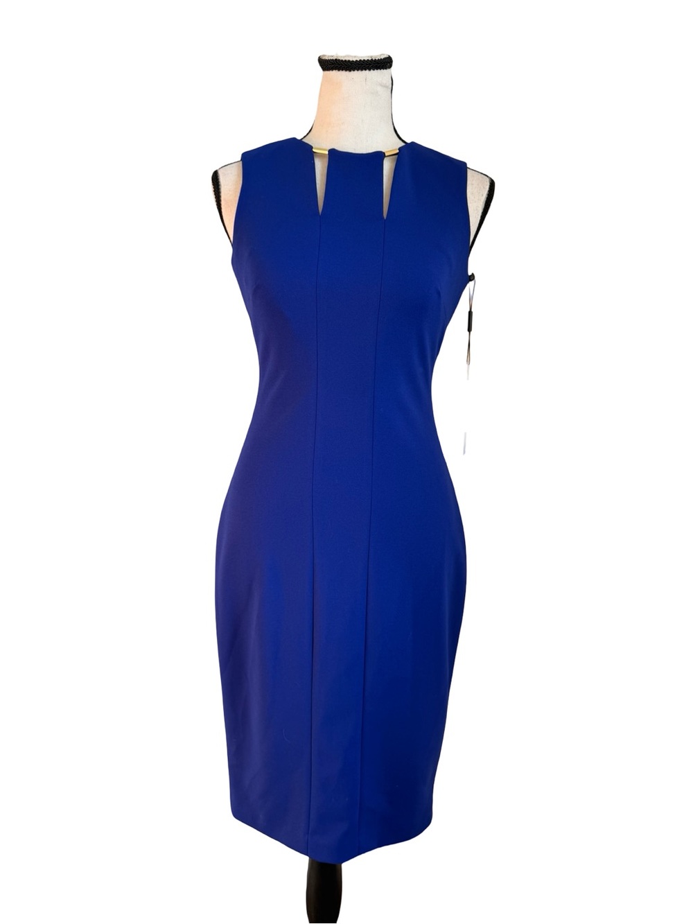 NWT Calvin Klein Petite 2P Royal Blue Sheath Dress Gold Bar Neck Career Cocktail